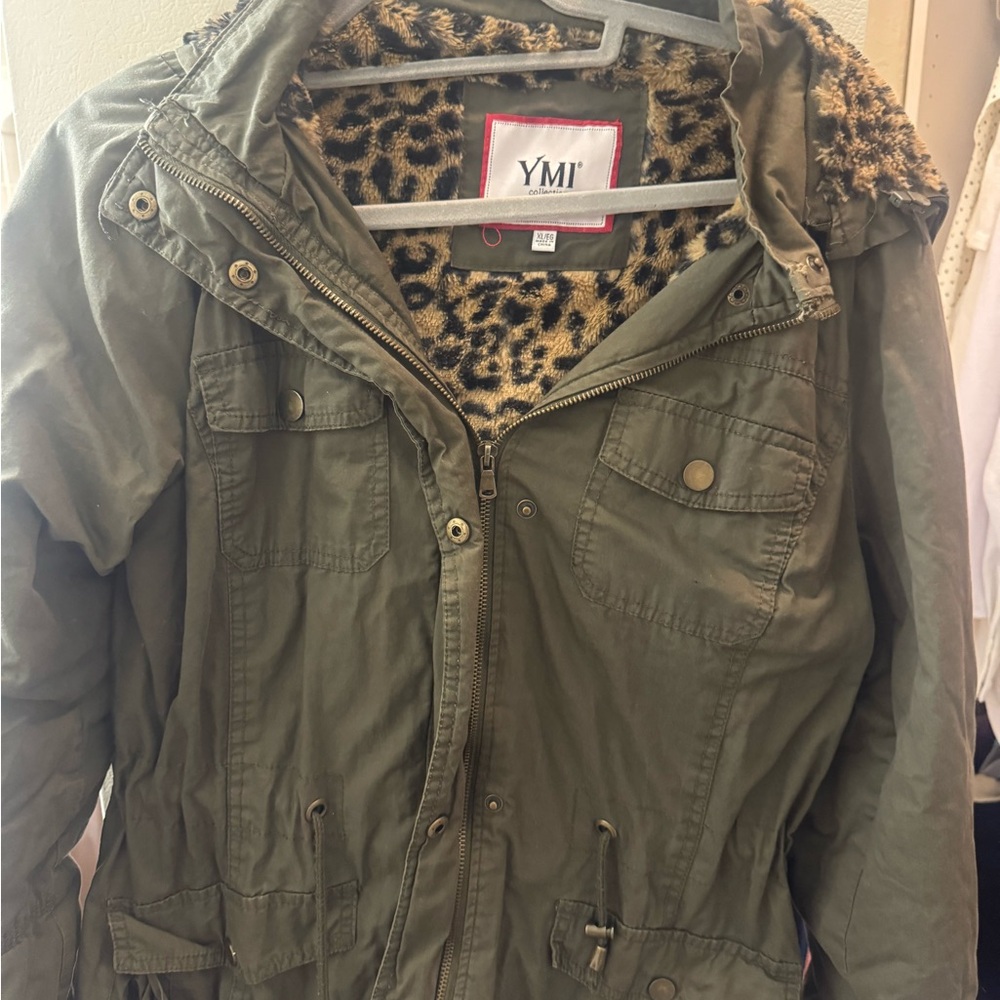 YMI Women's Green Utility Jacket with Leopard Print Lining